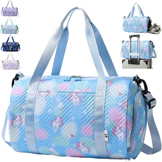 AUNGKWANG Einhorn Yogatasche, Sporttasche Mädchen, Wasserdicht Turnbeutel, Reisetasche Kinder, Gym Bag, Schwimmtasche, Sportrucksack, Trainingstasche mit Schuhfach & Nassfach (Blau)