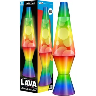 LAVA® - Lampe Regenbogen 2513, handbemalte dreifarbige Form, weißes Wachs, klare Flüssigkeit, dekorativer Sockel und Deckel, Original 14,5 Zoll Bewegungslampe der Marke