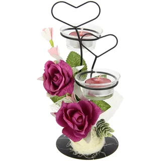 Flair Flower Dekorierter Teelichthalter aus Metall mit Glaseinsatz Teelichtkerze Herz und Kunstblumen Kerzenständer Kerzenhalter Tischdeko Kerzen Ostern Muttertag Valentinstag Hochzeit Hochzeitsdeko Windlicht