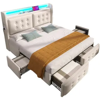 Flieks Polsterbett 140x200cm Doppelbett LED-Kopfteil Usb-C 4 Schubladen Beige , Holz , 140x200 cm , Schlafzimmer, Betten, Polsterbetten