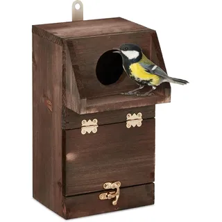 Relaxdays Nistkasten für Kohlmeise & Gartenrotschwanz, mit Reinigungsklappe, Holz, Vogelnistkasten zum Aufhängen, braun