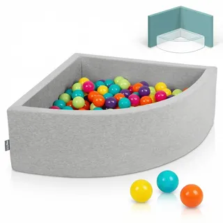 KiddyMoon Eckiges Viertel Bällebad 90x30 cm mit 300 Bälle 7 cm Schaumstoff Bällepool für Baby und Kleinkinder - Hellgrau: Hgrün Gelb Türkis Orange Dpink Violett