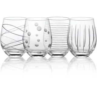 Joeyan 520ml Weingläser Ohne Stiel mit Gravur, 4er Set Kristall Rotweinglas mit Linie Dot Motiv, Mundgeblasene Stemless Wine Glasses, Trinkgläser für Hochzeit Party Zuhause, Spülmaschinenfest, 17,5 oz