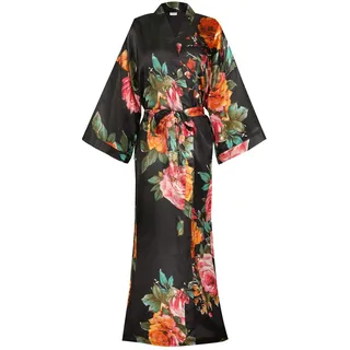 goodmansam Damen-Bademantel, lang, florales Satin, Kimono, Brautkleid, Hochzeit, Brautjungfer, Nachthemd, Schwarz, X-Large-XX-Large