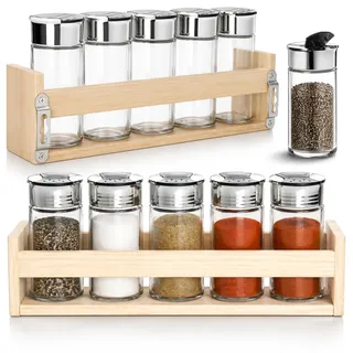 COM-FOUR® 12-teiliges Gewürzstreuer Set - Gewürzgläser mit Deckel im Holzregal - Salz und Pfeffer Streuer für Küche und Aufbewahrung im modernen Design (12-teilig - Streuer/Regal)