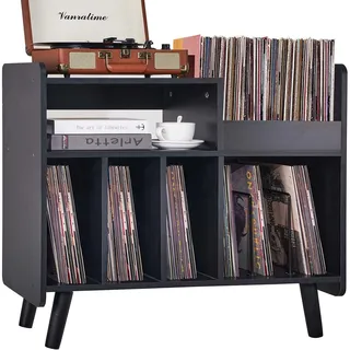 UODERS Plattenspielertisch, Plattenspielerständer aus der Mitte des Jahrhunderts mit Vinylaufbewahrung für bis zu 350+ Alben, Vinyl-Schallplattenschrank mit verstellbaren Regalen (Schwarz)