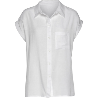Hemdbluse LASCANA, Damen, Gr. 48/50, weiß, Web, Obermaterial: 58% Viskose, 28% Baumwolle, 14% Leinen, unifarben, figurumspielend hüftlang, ohne Ausschnitt, mit Umschlag, Blusen Hemdbluse, aus Leinenmix mit Knopfleiste, Kurzarmbluse, Leinenbluse, Topseller