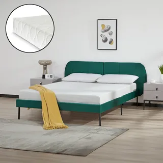 Polsterbett ‘Porvoo’ mit Matratze Kiefernholz Samt 140 x 200 cm Dunkelgrün - dunkelgrün