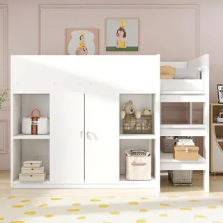 Merax Etagenbett Hochbett 90x200 mit Schrank aus Kiefernholz, Holzbett mit Regal und Leiter, Kinderhochbett mit Stauraum, platzsparend, sicher und funktional, Weiß - Weiß