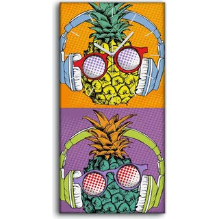 Wanduhr Uhr Wandbild Leinwand 30x60 Helles Pop Art Comic Poster Ananas - weiße Hände - Weiß