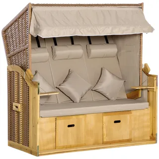 Outsunny Strandkorb, 3-Sitzer Sonnenliege mit Dach, 2 Klapptischen, XXL Polyrattan, Natur , Naturfarben , Metall , 79x160x150 cm , Gartenmöbel, Gartenschaukeln, Strandkörbe