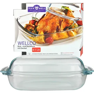 Van Well Brat- und Backform mit Deckel 4,1 L aus Glas, rechteckige Auflaufform 34 x 21,5 cm, ofenfest, mikrowellengeeignet, spülmaschinengeeignet, Glasform für Lasagne, Braten, Kuchen