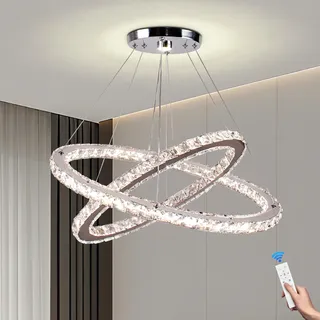 Dimmbarer ovaler Kristallleuchter mit 2 Ringen, LED-Pendelleuchte mit Fernbedienung und App-Steuerung, 3 Farben 2500K–6500K, höhenverstellbar für Küche, Esszimmer, Wohnzimmer und Schlafzimmer