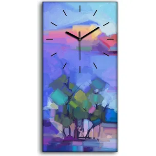 Wohnzimmer-Bild Leinwand Uhr Geräuschlos 30x60 Bäume malen Wasser Himmel bunte - schwarze Hände