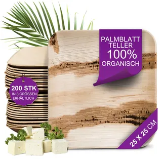 Waipur Bio Palmenblatt-Teller - 200 Teller groß eckig 25x25 cm - Premium Einmalteller kompostierbar - Umweltfreundliches Partygeschirr - Palmblatt Geschirr