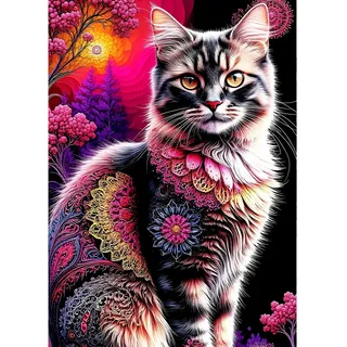 QINRUBB DIY Traumkatze Diamant Painting Bilder Anfänger, 5D Mandala Diamond Painting Erwachsene, Runder Vollbohrer Süßes Kätzchen Diamant Kunst Kits Kreuzstich Home Wand Dekor 30x40 cm