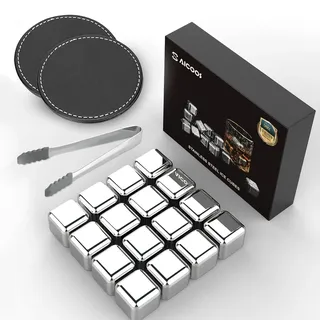 16 Stück Edelstahl Eiswürfel, Wiederverwendbare Metall Ice Cubes Set, Whisky Steine Kühlsteine für Whisky, Wein & Cocktails, Reusable Ice Cubes ohne Verwässerung, Geschenk für Männer, Weihnachtsgesche