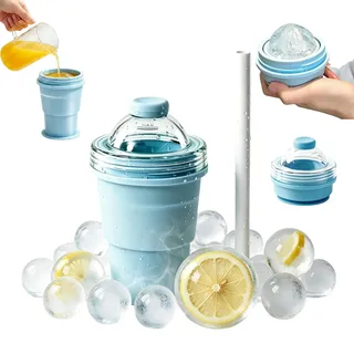 2-in-1 Silikon Eiswürfelform & Trinkflasche, Faltbarer Eisballbereiter mit Strohhalm, BPA-frei & Auslaufsicher, Tragbarer Eiswürfelbereiter für Picknick, Camping und Büro