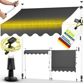 tillvex Klemmmarkise 150 cm Grau mit Solar LED mit Handkurbel Balkon | Balkonmarkise ohne Bohren | Markise UV-beständig & höhenverstellbar | Sonnenschutz wasserdicht - Grau