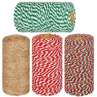 LATERN 4 Stück Weihnachts-Juteschnüre und Baumwollschnur Rollen, 1312 Fuß Rot Weiß Grün Baumwollschnur Juteschnur Wickelseil Schnur für Weihnachten DIY Basteln Weihnachtsgeschenke Geschenke Backen