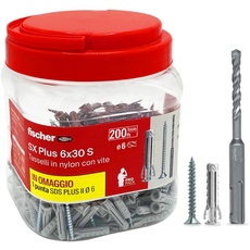 Fischer Propack SX Plus 6 S, 200 Dübel 6 x 30 mit Schraube + SDS-Bohrer, 6 mm, wiederverwendbar, zur Befestigung auf Beton und Mauerwerk, 570206, grau