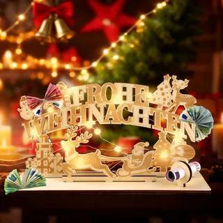 Weihnachten Geldgeschenk aus Holz mit LED Lichterkette - Frohe Weihnachten - Weihnachtsmann Geldverpackung Geschenk Frauen & Männer, Weihnachtsdeko Innen für Tisch Fensterbank Büro Kaminsims (Natur)