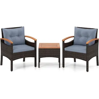 FANTASK Gartenmöbel 3er Set, Balkonmöbel Rattan Set inkl. 2 Rattanstühle & Gartentisch, Gartensitzgruppe Lounge Set mit Akazienholzplatte & Sitzkissen, Sitzgruppe für Terrassen, Balkon, Garten (Grau)
