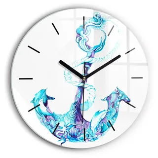 Wallfluent Große Wanduhr – Stilles Quarzuhrwerk - Uhr Dekoration Wohnzimmer Schlafzimmer Küche - Zifferblatt mit Striche - schwarze Zeiger - 60 cm - Anker im Meer - Blau