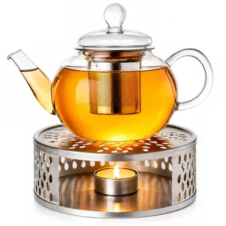 Creano Teekanne aus Glas 0,8l + ein Stövchen aus Edelstahl, 3-teilige Glasteekanne mit integriertem Edelstahl Sieb und Glasdeckel, ideal zur Zubereitung von losen Tees, tropffrei