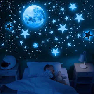 1109 Stück Leuchtsterne Selbstklebend Leuchtstern Wandsticker, Sterne & Mond Wandtattoo Kinderzimmer Jungen Mädchen, Sternenhimmel Aufkleber Schlafzimmer Deko (Blau)