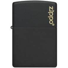 ZIPPO - Black Matte mit Logo - nachfüllbares Sturmfeuerzeug in hochwertiger Geschenkbox (schwarz, Flammenmotiv graviert)