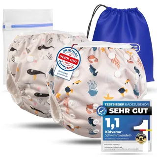 KIDVERSE 2er Set Schwimmwindel Baby 0-3 Jahre - Hautfreundliche Schwimmwindeln wiederverwendbar & saugstark - Baby Schwimmwindel mit Tasche & Wäschenetz (Beige Sea 2er)