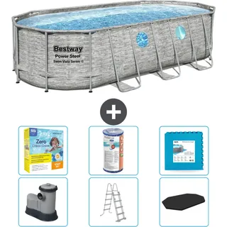 Bestway Oval Power Steel Swim Vista Swimmingpool – Steindruck – 549 x 274 x 122 – inklusive Pumpe – Leiter – Abdeckung Wartungspaket - Filter - Bodenfliesen