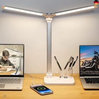 iVict Dual Swing Arm LED Schreibtischlampe, 5-Modi Touch Control Helligkeitsstufen Schreibtischlicht mit 45-Minuten Auto-Off Timer, USB-Ladeanschluss, Speicherfunktion, Schreibtischlampen für Kinder