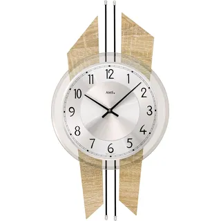 AMS 9571 Wanduhr Quarz analog grau rund mit Glas leise ohne Ticken - Silber