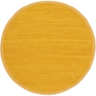 carpetfine Flickenteppich Kelim Chindi Uni rund Gelb Ø 60 cm handgewebt | Fleckerlteppich aus Baumwolle für Wohnzimmermit Fransen