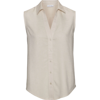 Blusentop LASCANA "aus softer Webware mit Leinenanteil mit V-Ausschnitt", Damen, Gr. 46, beige (natur), Web, Obermaterial: 58% Viskose, 28% Baumwolle, 14% Leinen, unifarben, figurumspielend hüftlang, V-Ausschnitt, Blusen Blusentop, Damenbluse ohne Ärmel, lockere Leinenbluse, Sommerbluse, Basic, Topseller