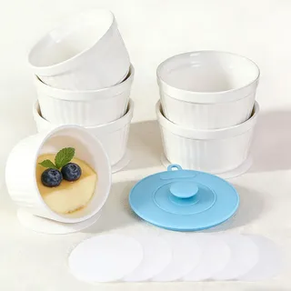 Highkit Creme Brulee Schälchen 6 Stück, 9 cm - 200 ml Souffle Förmchen Backofenfest, Souffleeförmchen Schüsseln, Creme Brulee Schalen, Keramikförmchen Ofenfeste Förmchen, Ragout Fin Schalen,Weiß
