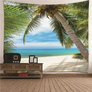 Musihy Wandteppich Palmen, Tagesdecke 240x260,Wall Tapestry Polyester Modern Bild auf Vlies Leinwand Wohnzimmer Flur Meer Blau Strandtücher Totenkopf