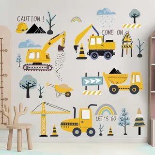 Mulaibdin Wandtattoo Kinderzimmer Junge, Wandtattoo Bagger Traktor für Kinderzimmer, Wandsticker Baustelle Wasserfest, Bulldozer Kinderzimmer Deko Wand, Wandaufkleber Babyzimmer Junge