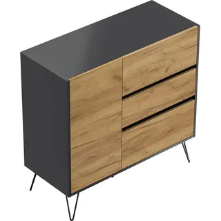 Posseik Sideboard Industrial L 3 Schubladen 1 Tür 100 cm Grafit Eiche Front