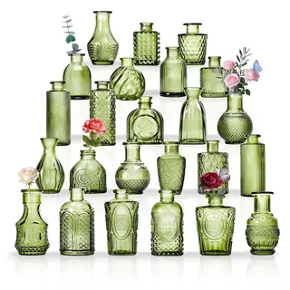 Kleine Glasvasen Set von 24, für Tischdekoration, Hochzeit, Empfang, Zuhause, Vintage-Flaschen, Transparent, Dekorative Glasvasen mit Deckeln (24, Grün)