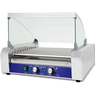 vertes Gastro Hot Dog Maker aus Edelstahl, Elektrisch mit 2200W, Hot Dog Maschine mit 11 Walzen und 2 Heizzonen, Profi Würstchen Grill mit Glasabdeckung, Auffangschale und 50-250°C Temperatur