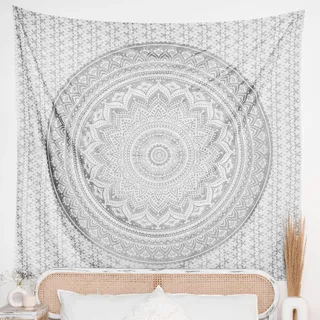 Silberner Mandala-Wandbehang, Wandteppich, Boho-Dekor, Hippie-Elefant-Wandteppiche, psychedelische Baumwolle, Medaillon-Kunst, böhmische Wohnheim-Dekoration, Tagesdecke – 213 x 137 cm