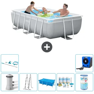 Intex Rechteckiges Prisma-Rahmen-Schwimmbecken – 300 x 175 x 80 cm – Grau – inklusive Pumpe – Leiter Sonnensegel - Wartungspaket - Filter - Reinigungskit - Wärmepumpe - Grau