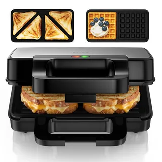 Arendo - Sandwichmaker 3 in 1 - mit Wechselplatten - Kontaktgrill – Waffeleisen – Sandwichmakler XXL - Antihaftbeschichtung – für Sandwiches, belgische Waffeln, Grillgut uvm - klein und kompakt