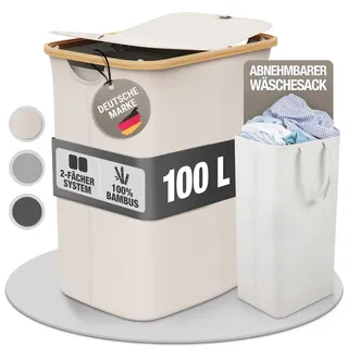 Wäschekorb 100L mit 2 Deckeln und 2 Fächern – Faltbarer Wäschesammler aus Bambus-Stoff Beige – Wäschebox, Wäschetruhe, Wäschebehälter, Wäschetrenner für Bad, Schlafzimmer & Waschküche