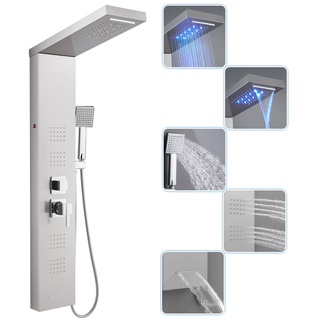 ROVOGO LED Duschpaneel mit Armatur, 5 Funktionen Duschsäule mit Einhebelmischer, Wasserfall, Regendusche, Massagedusche, Wanneneinlauf und Handbrause, Duschpaneele Komplett aus Edelstahl Gebürstet