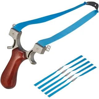 Relaxdays Steinschleuder, mit 5 Ersatzgummis, Profi Schleuder ab 18, Stahl, Holz, Sportschleuder mit Zielpunkten, bunt