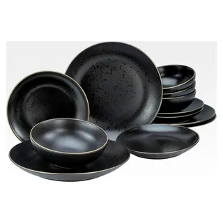 Geschirrset Industrial Gold BLACK, 12-teilig für 4 Personen, Teller Set aus Steinzeug, spülmaschinen- und mikrowellengeeignet